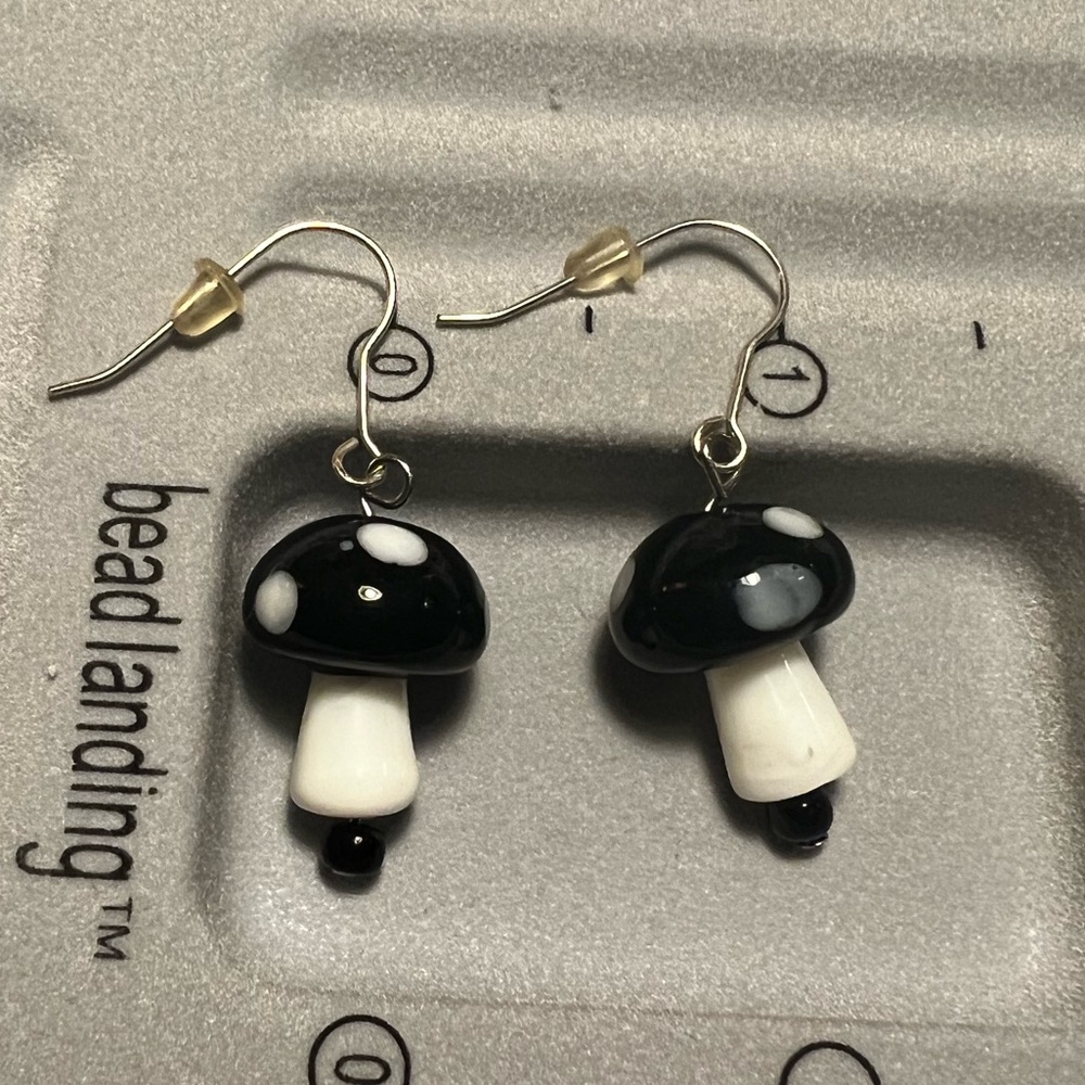 Black & white glass mushroom earrings silver tone hooks handmade by me